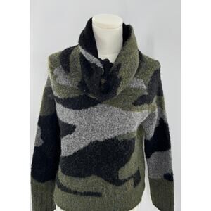 Anthropologie Cobie Camo Black Green Sweater Funnel Neck Knit Cozycore XS S